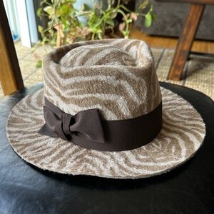 NWT One of a Kind Handcrafted Thick Nap Wool Zebra Print Fedora with Ribbon Band
